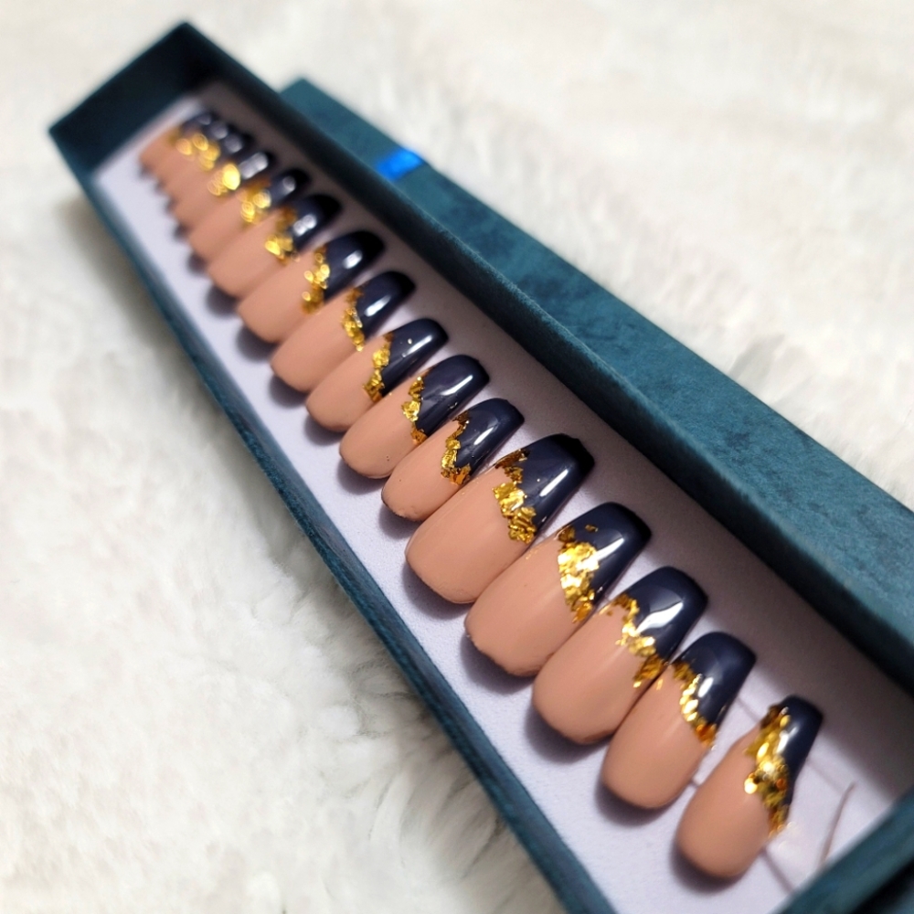 Navy blue and Tan with Gold Foil Press On Nails